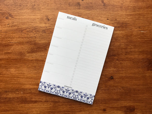 Perforated Meal Planner and Grocery List Pad - Blue China Pattern